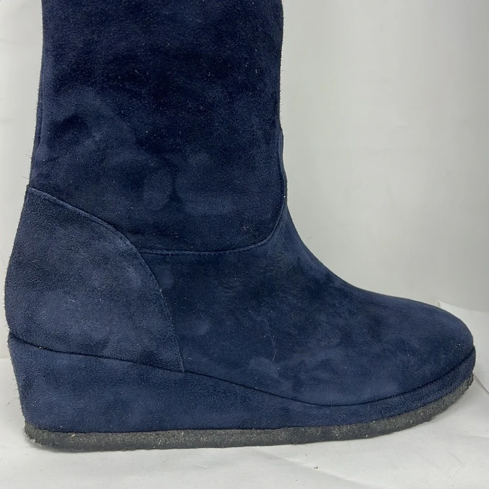Michele Negri Sz 8.5 Blue Suede Low Wedge Whipstitch Trim Knee Boots